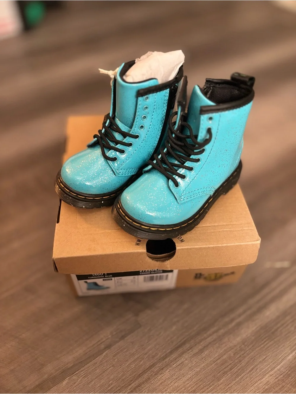 Dr. Martens Kids Glitter Teal Blue Lace-Up Boots